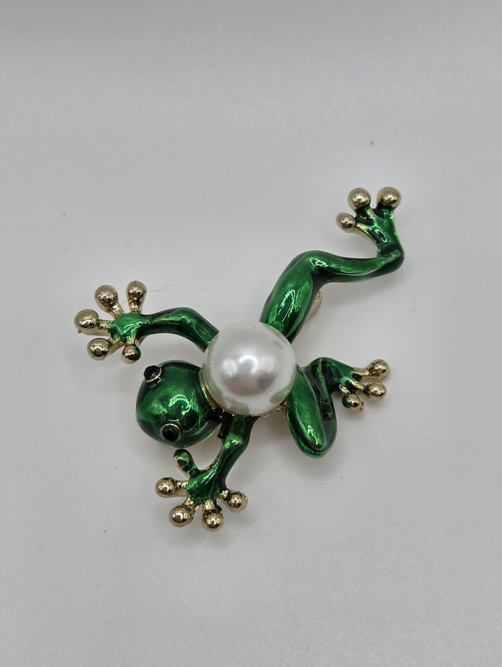 Gold Frog Brooch Green Enamel White Pearl Whimsical Statement Pin